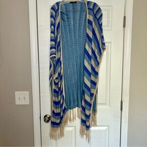 THML Blue and Cream Striped Cardigan Fringe‎ country western boho women’s medium